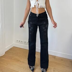 Vintage Black Embroidered Floral Jeans (Size S/M)